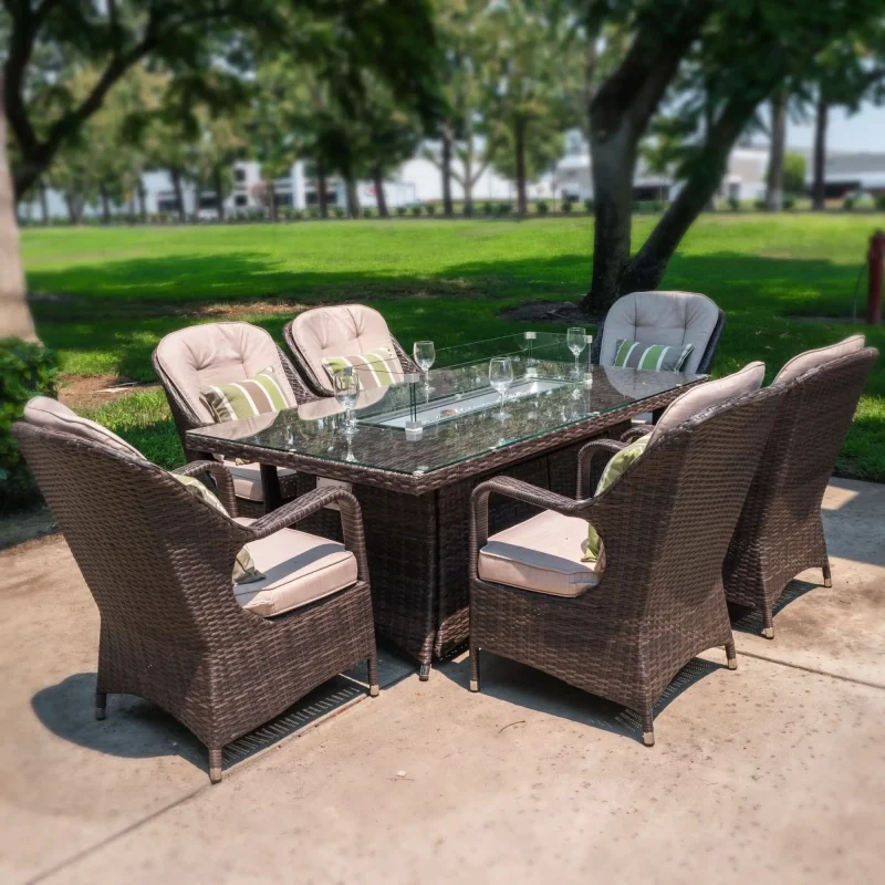 6 seater rectangular table set with firepit natural