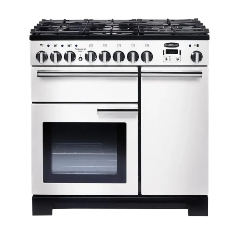 rangemaster 90 dual fuel range cooker white chrome trim