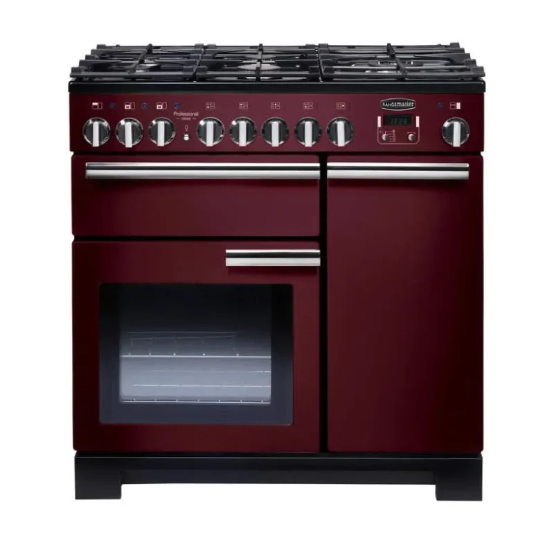 rangemaster 90 dual fuel range in cranberry chrome