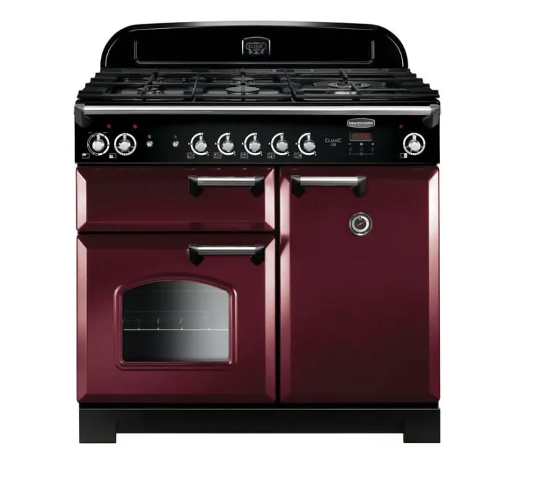 rangemaster classic 100 gas cooker cranberry with chrome trim