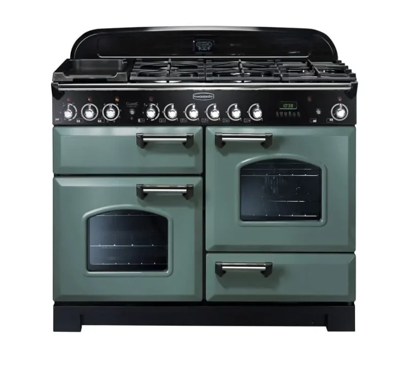 rangemaster classic 110 dual fuel cooker mineral green with chrome trim