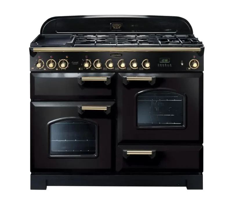 rangemaster classic 110 dual fuel range cooker black with brass trim