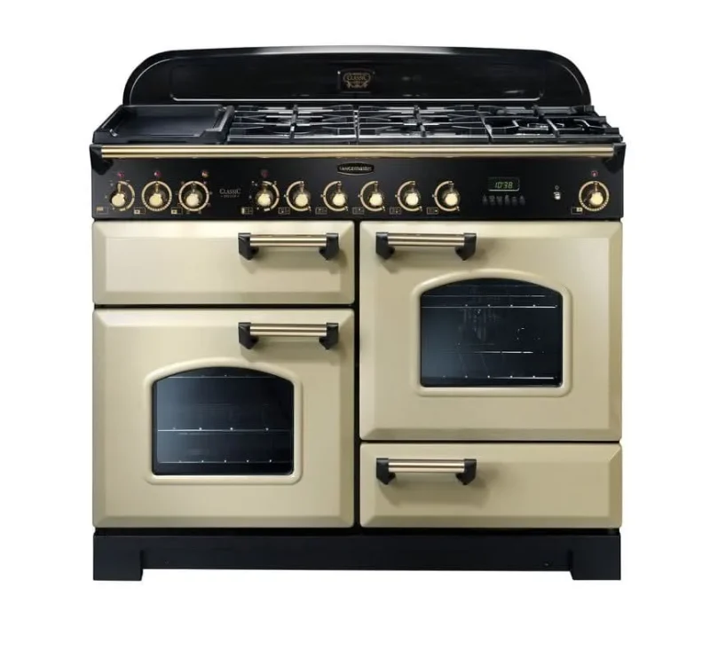 rangemaster classic 110 dual fuel range cooker cream with brass trim