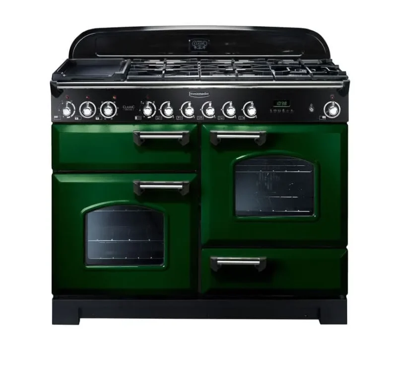 rangemaster classic 110 dual fuel range cooker green chrome trim