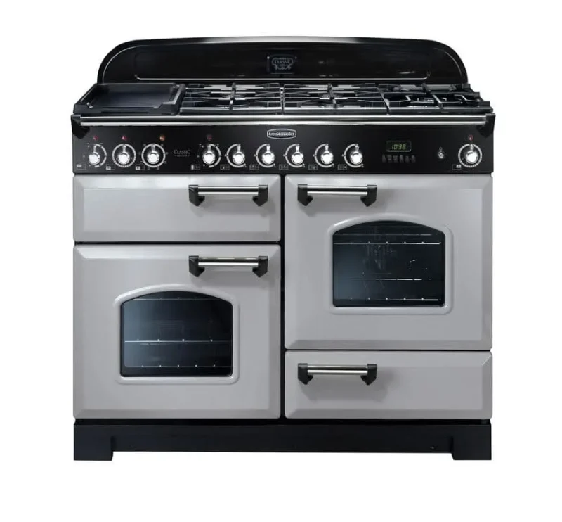 rangemaster classic 110 dual fuel range cooker royal pearl with chrome trim