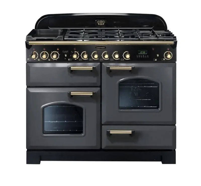 rangemaster classic 110 dual fuel range cooker slate finish with brass trim