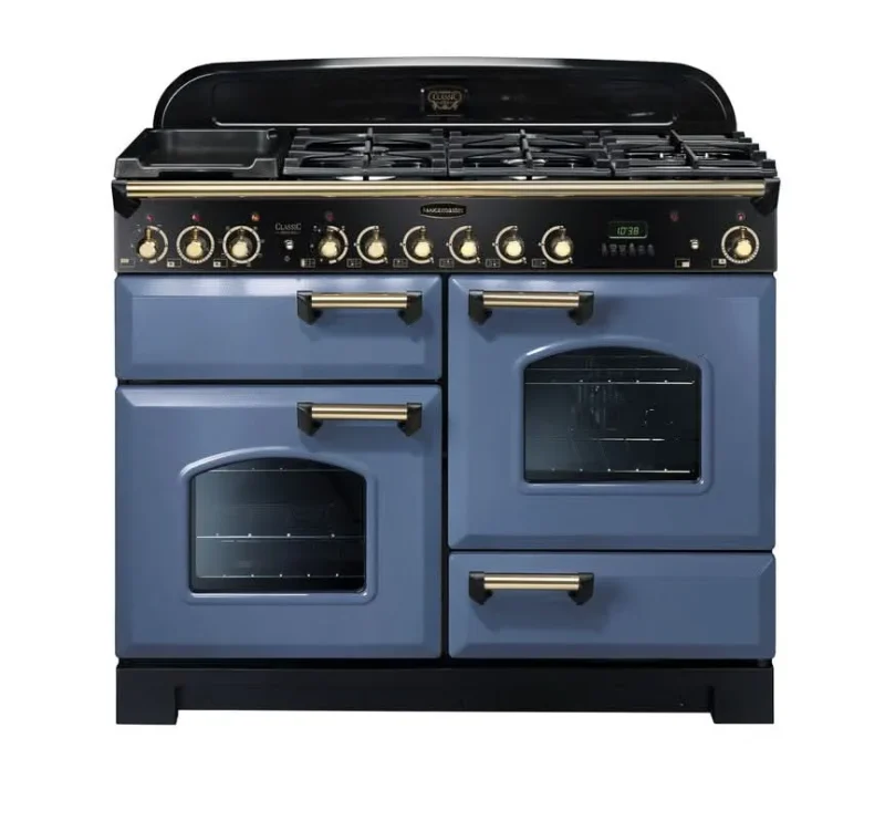 rangemaster classic 110 dual fuel range cooker stone blue with brass trim cdl110dffsb b