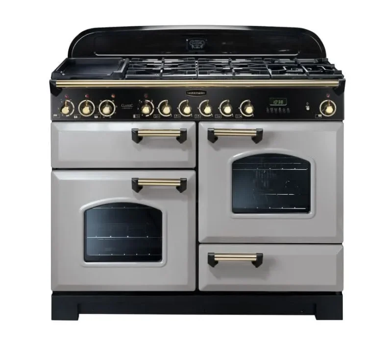 rangemaster classic 110 dual fuel stove royal pearl with brass trim