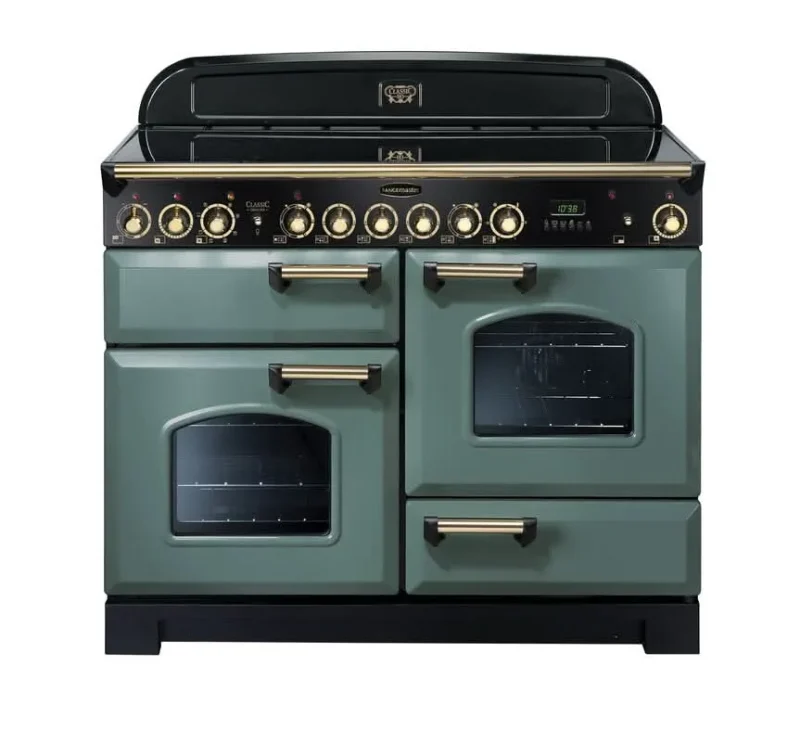 rangemaster classic 110 induction cooktop mineral green with brass trim