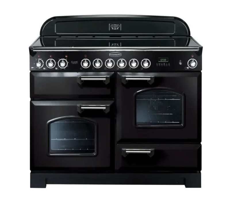 rangemaster classic deluxe 110 black ceramic cooker with chrome trim