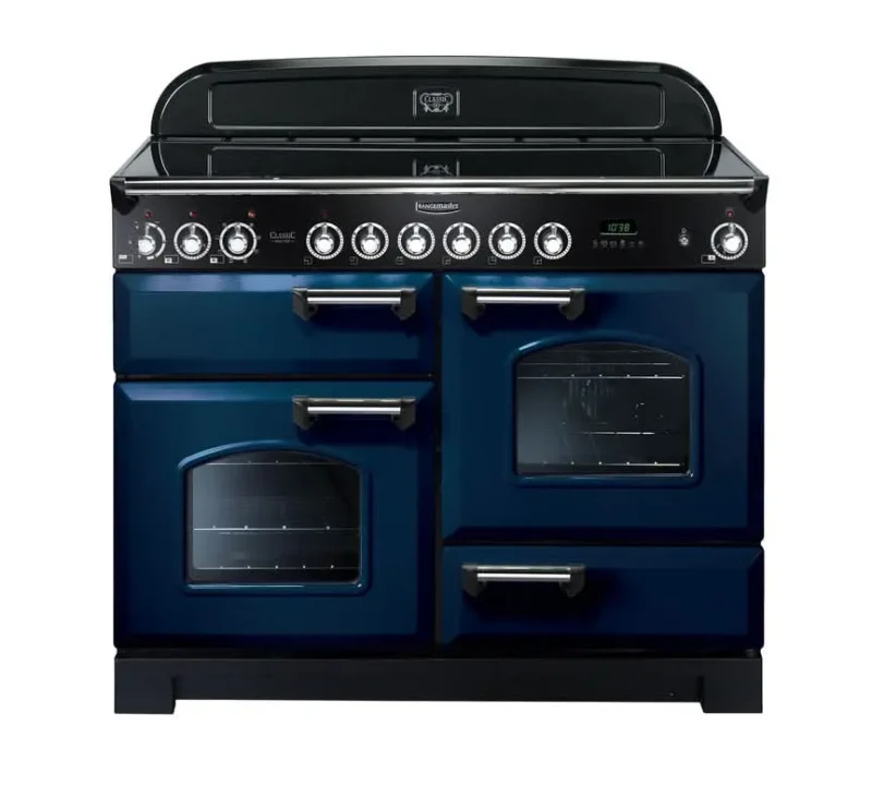 rangemaster classic deluxe 110 blue ceramic cooker with chrome trim