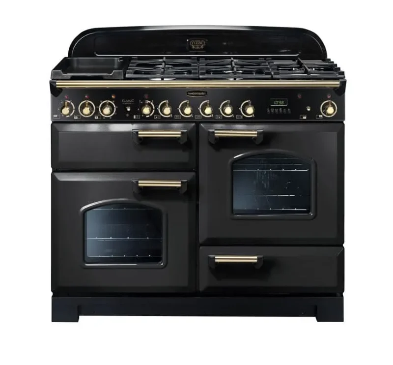 rangemaster classic deluxe 110 dual fuel charcoal black with brass trim