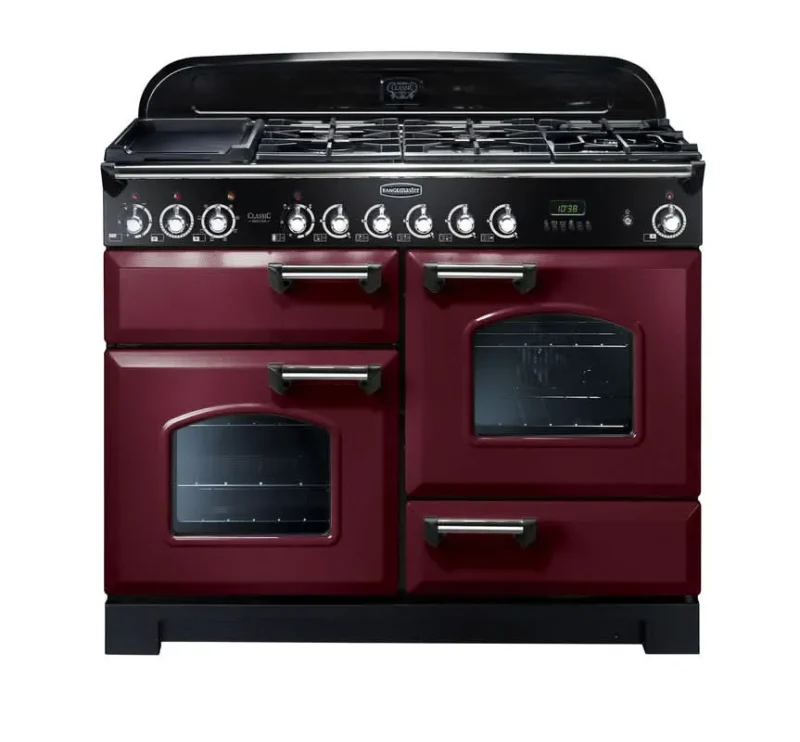 rangemaster classic deluxe 110 dual fuel cooker cranberry chrome trim