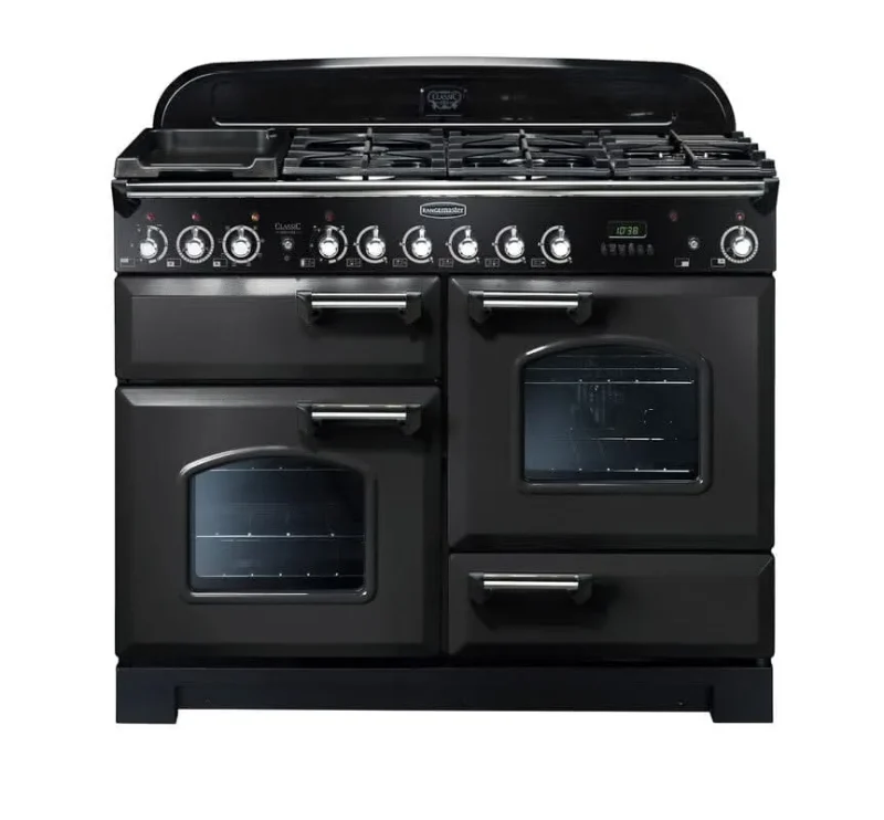 rangemaster classic deluxe 110 dual fuel range charcoal black with chrome trim