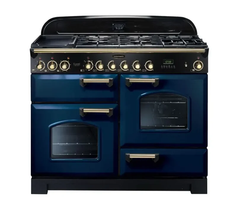 rangemaster classic deluxe 110 dual fuel range cooker blue w brass trim