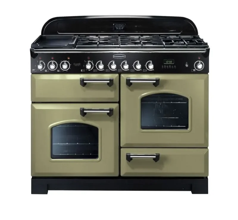 rangemaster classic deluxe 110 dual fuel range cooker green olive chrome trim