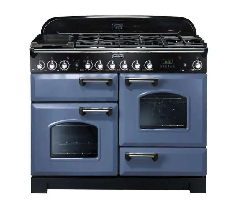 rangemaster classic deluxe 110 dual fuel range cooker stone blue chrome