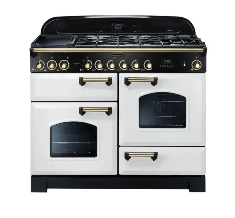 rangemaster classic deluxe 110 dual fuel range cooker white with brass trim