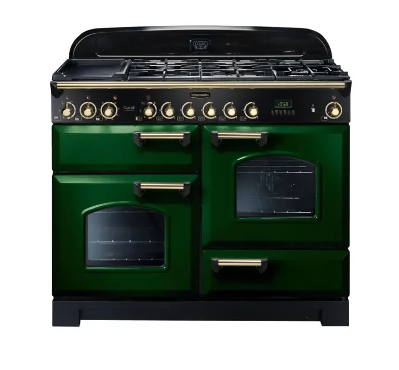 rangemaster classic deluxe 110 dual fuel range green with brass trim