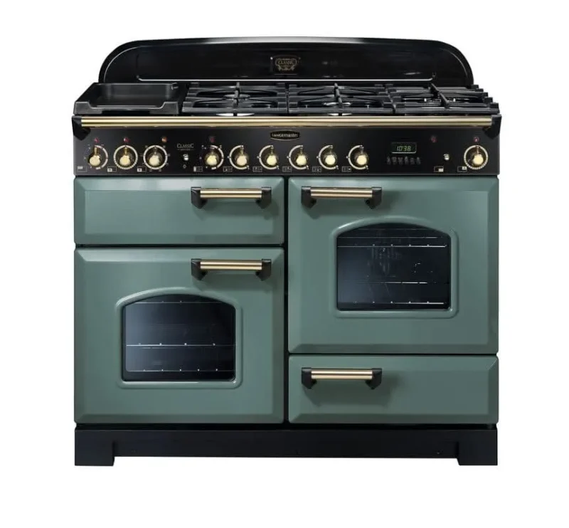 rangemaster classic deluxe 110 dual fuel stove mineral green with brass trim