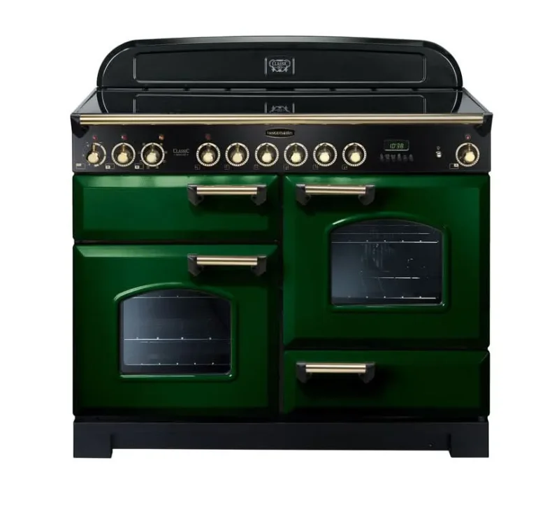 rangemaster classic deluxe 110 green ceramic cooker with brass trim