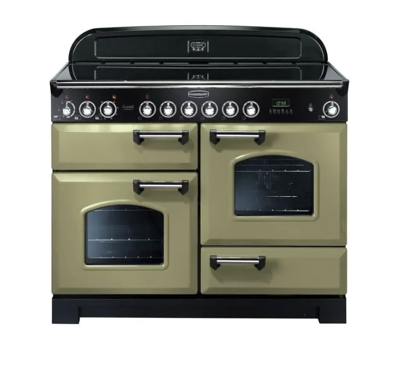 rangemaster classic deluxe 110 olive green ceramic cooker chrome trim