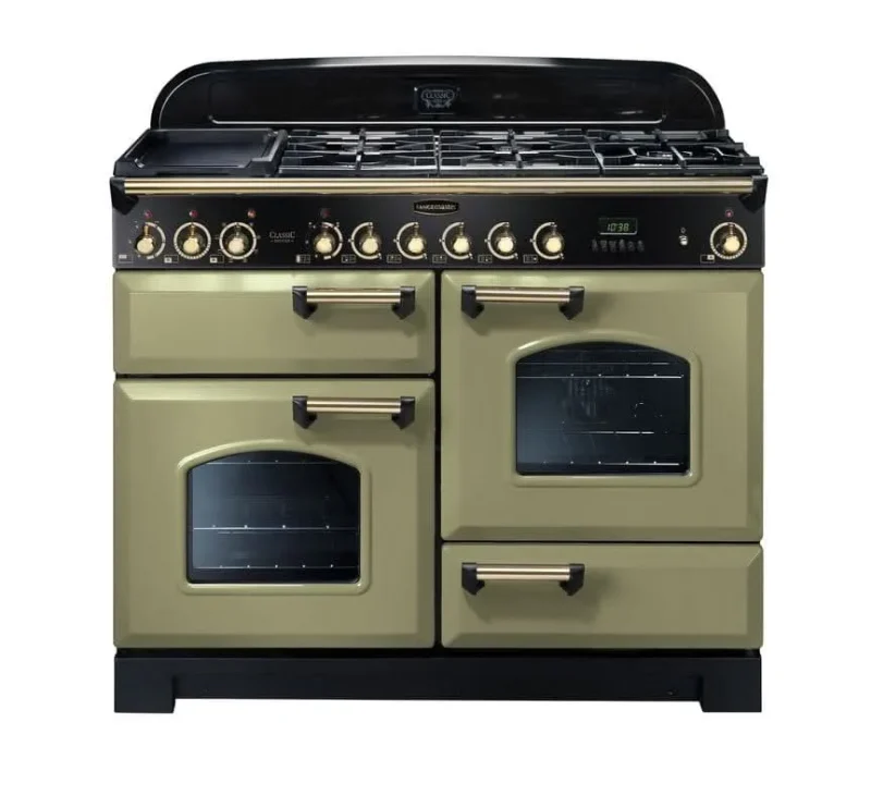 rangemaster classic dual fuel range cooker green olive with brass trim