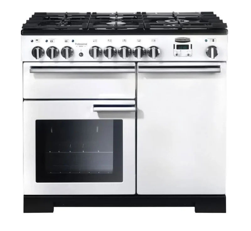 rangemaster deluxe 100 dual fuel range cooker white chrome