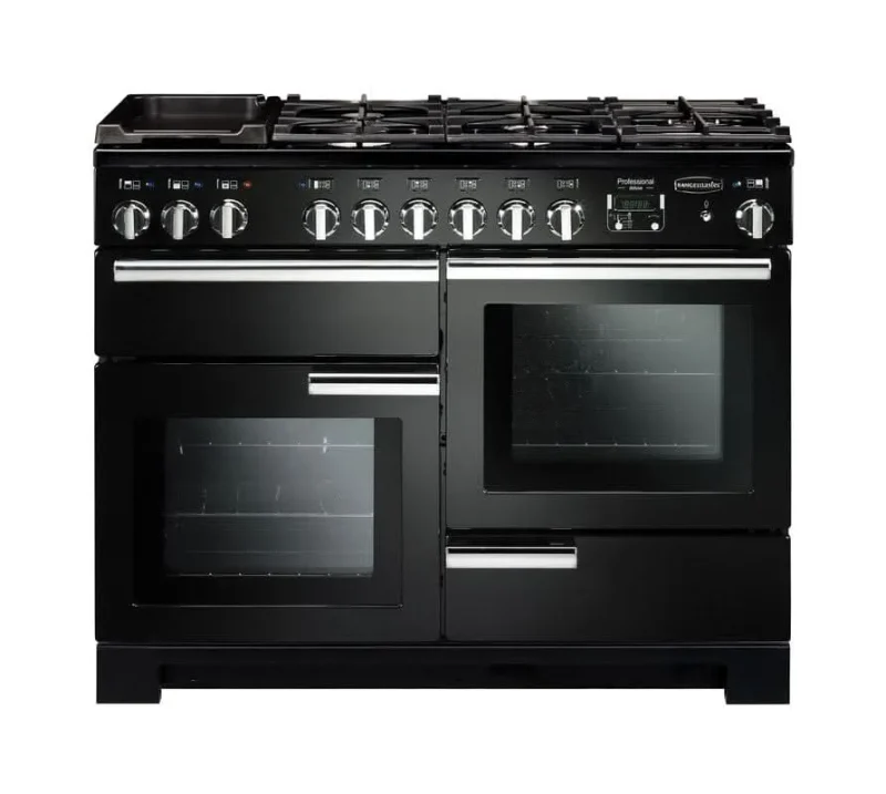 rangemaster deluxe 110 dual fuel range black chrome