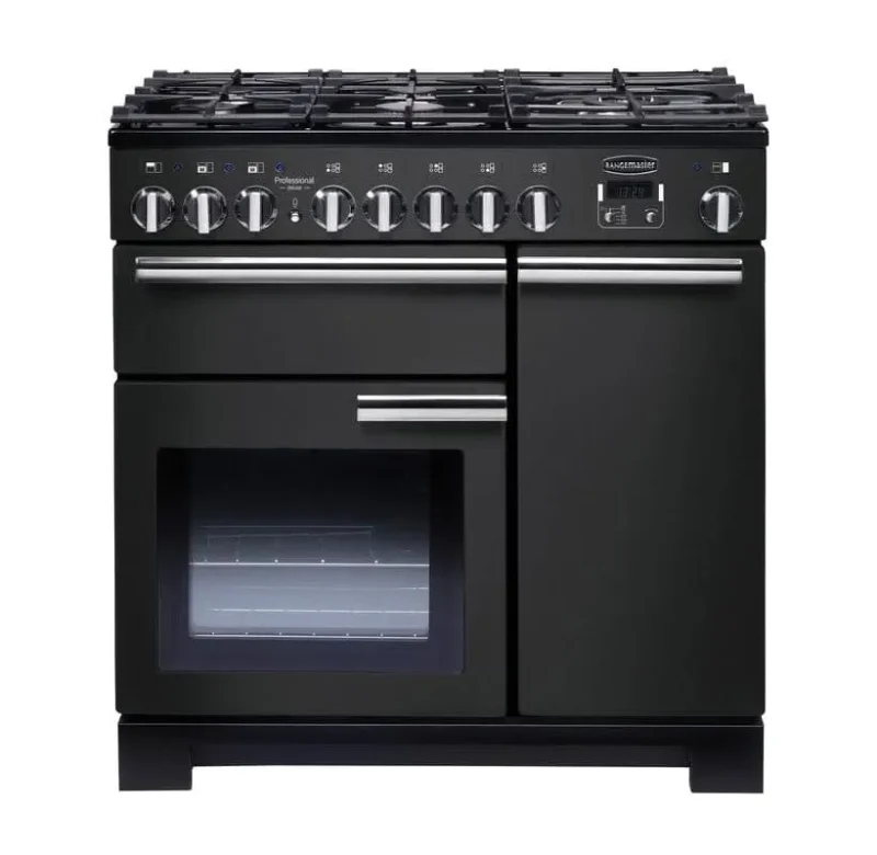 rangemaster deluxe 90 dual fuel range charcoal black chrome trim