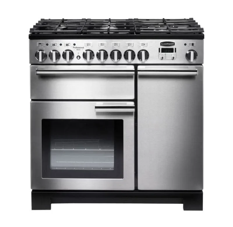 rangemaster deluxe 90 dual fuel range stainless steel chrome trim