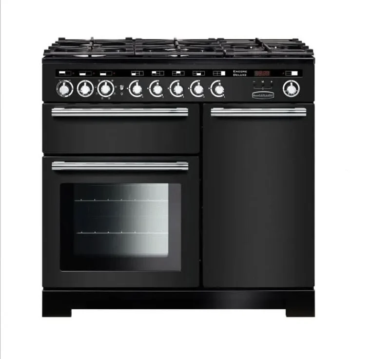 rangemaster encore 100 dual fuel range charcoal black w chrome trim