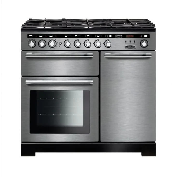 rangemaster encore deluxe 100 dual fuel range cooker stainless steel chrome trim