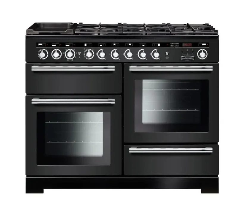 rangemaster encore deluxe 110 dual fuel charcoal black chrome trim