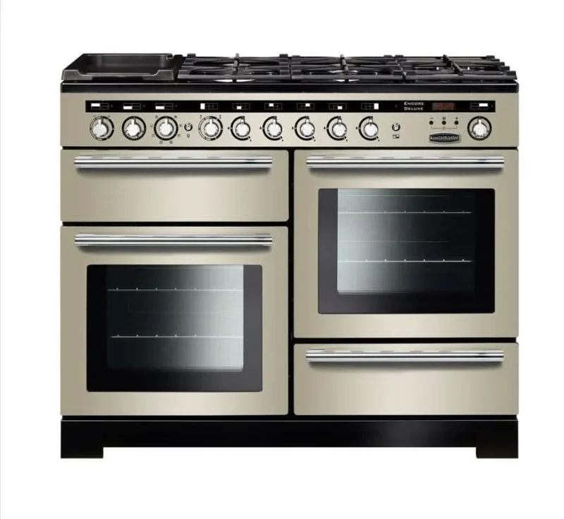 rangemaster encore deluxe 110 dual fuel range cooker ivory with chrome trim