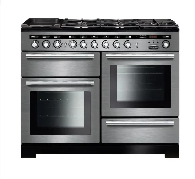 rangemaster encore deluxe 110 dual fuel range cooker stainless steel with chrome trim