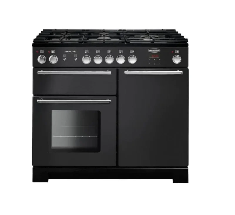 rangemaster infusion 100 dual fuel range cooker black chrome