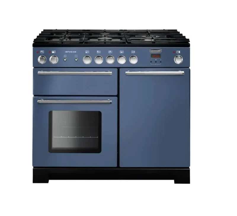 rangemaster infusion 100 dual fuel range cooker stone blue with chrome trim