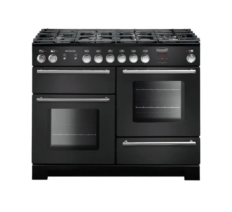 rangemaster infusion 110 dual fuel range charcoal black with chrome trim