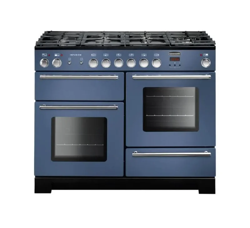 rangemaster infusion 110 dual fuel range stone blue chrome trim