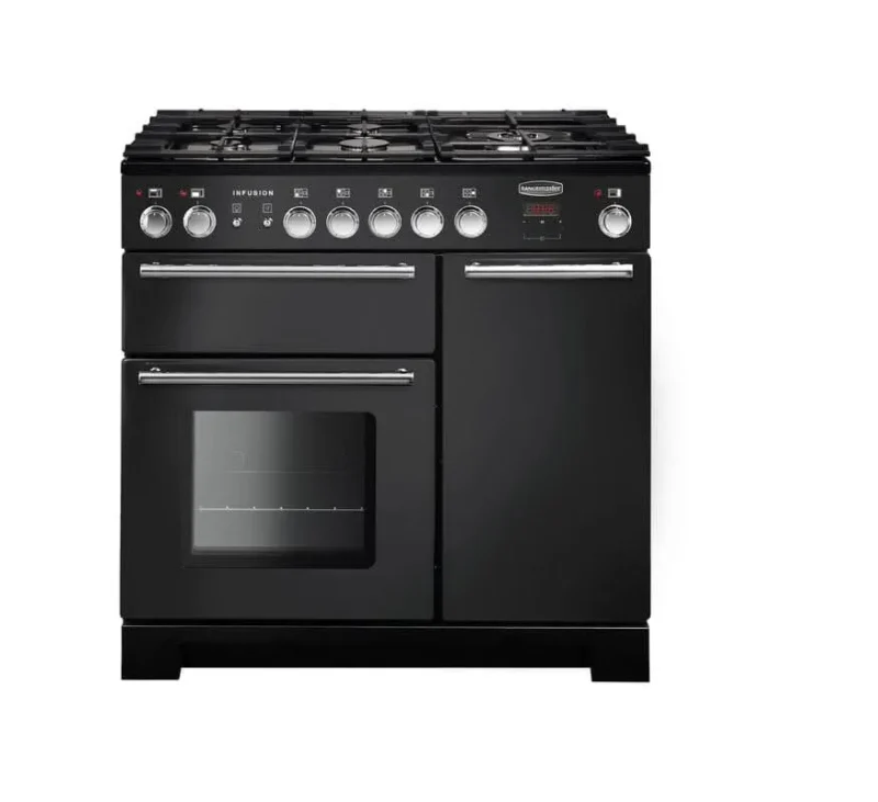 rangemaster infusion 90 dual fuel charcoal black with chrome trim