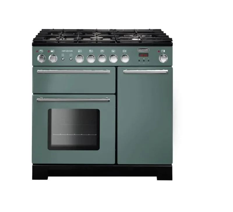 rangemaster infusion 90 dual fuel range mineral green with chrome trim