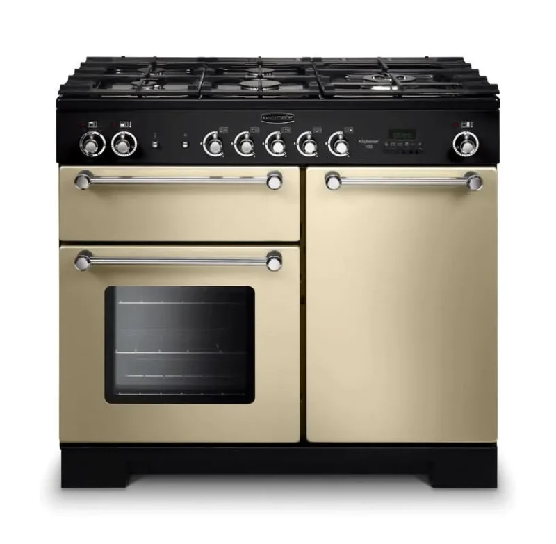 rangemaster kitchener 100 dual fuel range cooker cream with chrome trim