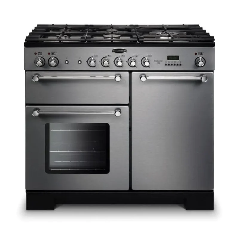 rangemaster kitchener 100 dual fuel range stainless steel w chrome trim