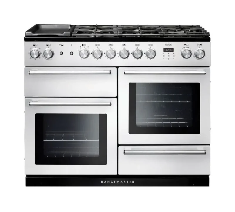 rangemaster nexus 110 dual fuel range white chrome trim