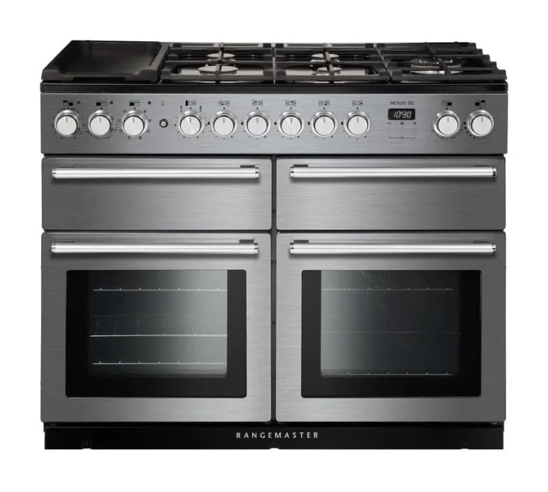 rangemaster nexus se 110 dual fuel range cooker stainless steel with chrome trim