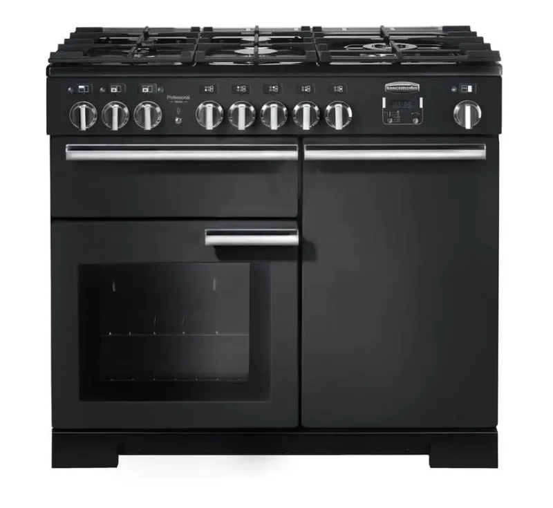 rangemaster professional 100 dual fuel range cooker black chrome