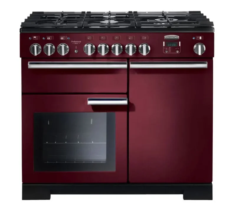 rangemaster professional 100dffcy c dual fuel range cooker cranberry chrome trim