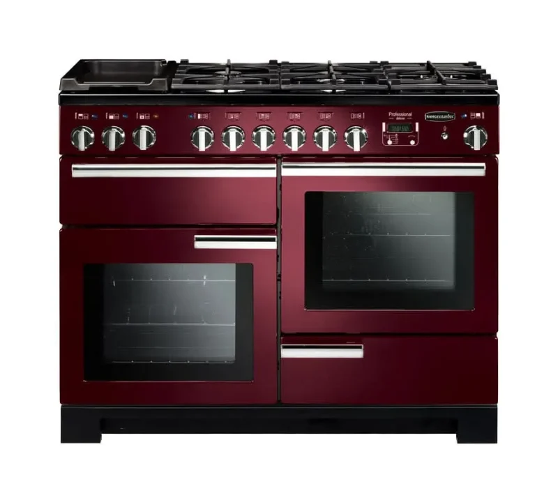 rangemaster professional 110 dual fuel range cooker cranberry chrome