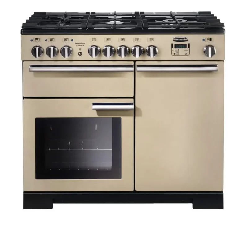 rangemaster professional deluxe 100 dual fuel range cooker cream with chrome trim